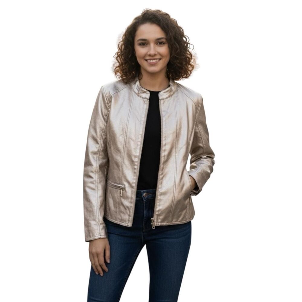 Cavalini Jacket Womens Large Champagne Metallic Faux Leather Zip Collarless
